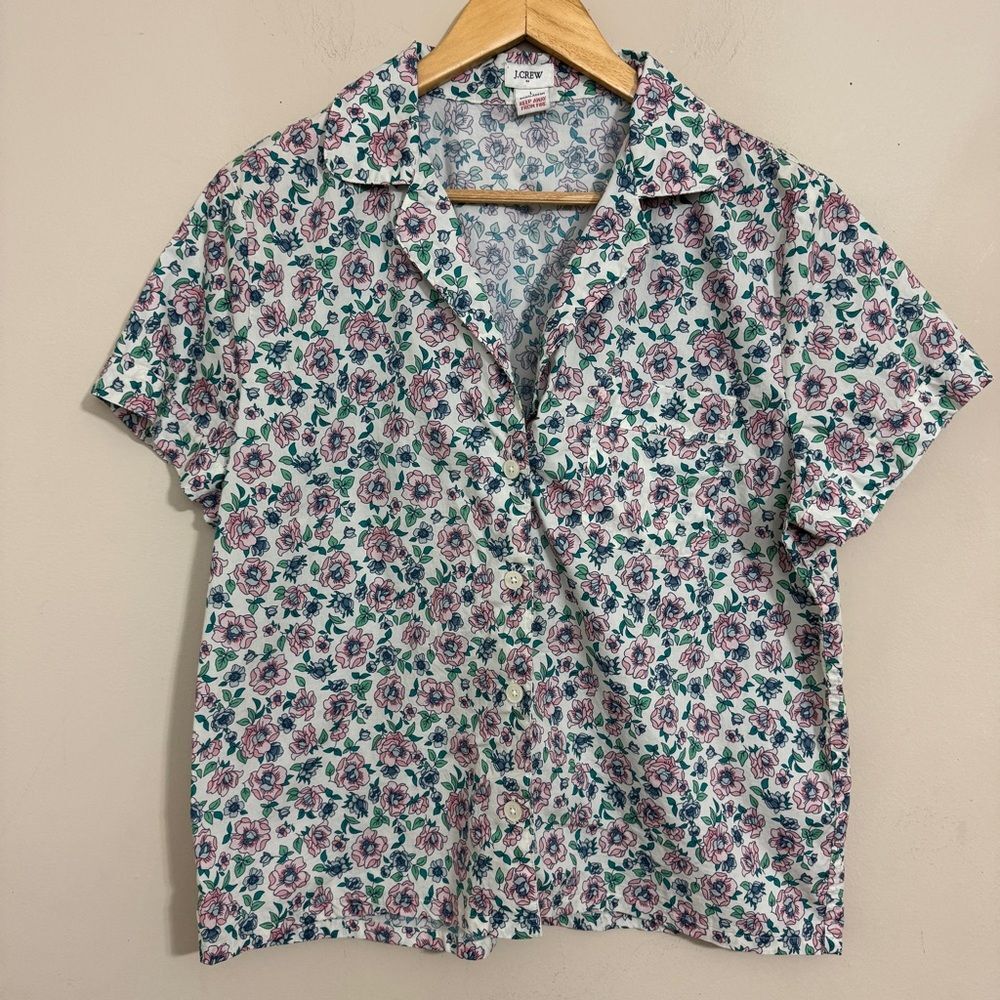 J.Crew Floral Pajama Shirt Button-Up Women Short Sleeve size L Cottage Preppy